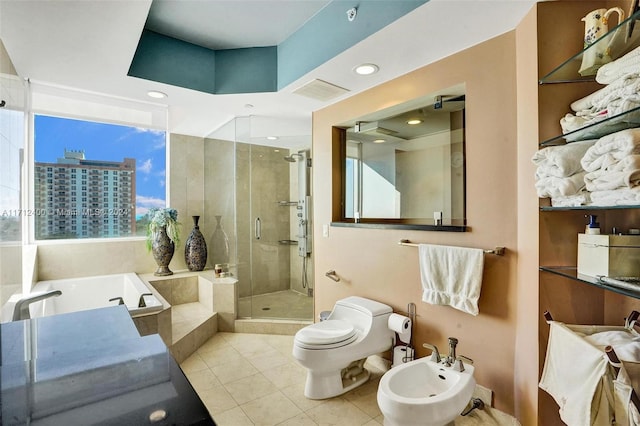 bathroom with a bidet, toilet, separate shower and tub, and tile patterned flooring