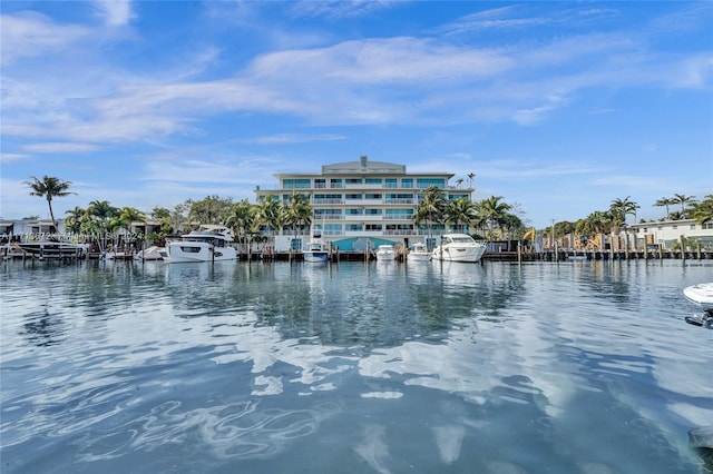 property view of water with a dock