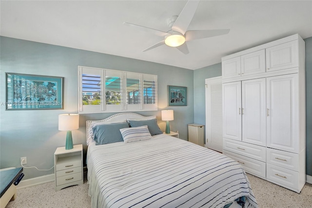 bedroom featuring ceiling fan and a closet