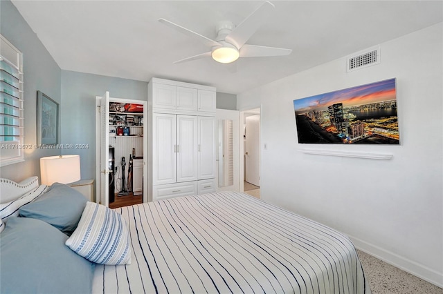 bedroom featuring ceiling fan and a closet