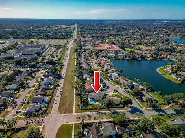 drone / aerial view featuring a water view