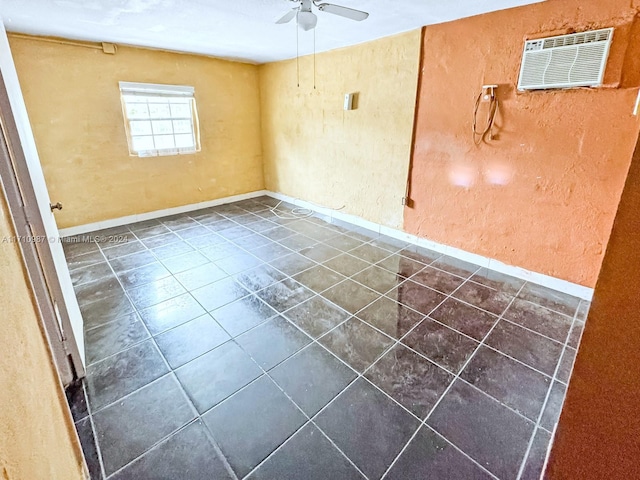 unfurnished room featuring a wall mounted AC and ceiling fan