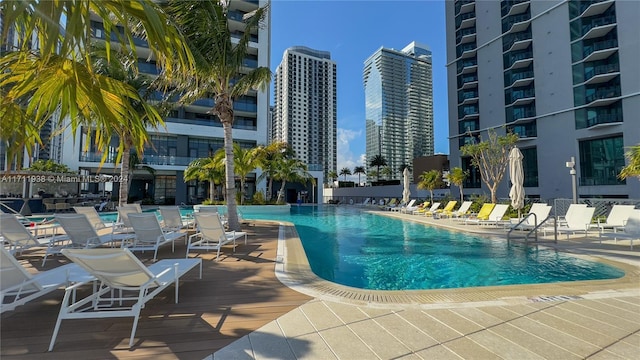 view of swimming pool featuring a patio