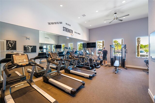 495 NE 5th Ln, Florida City, FL 33034 - exercise room featuring recessed lighting, a high ceiling, a ceiling fan, and baseboards
