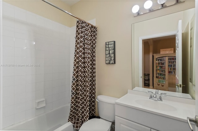 bathroom featuring toilet, vanity, and shower / bathtub combination with curtain