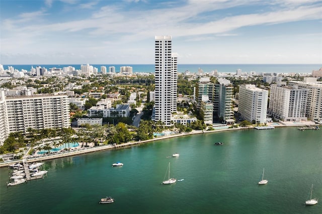 drone / aerial view featuring a water view