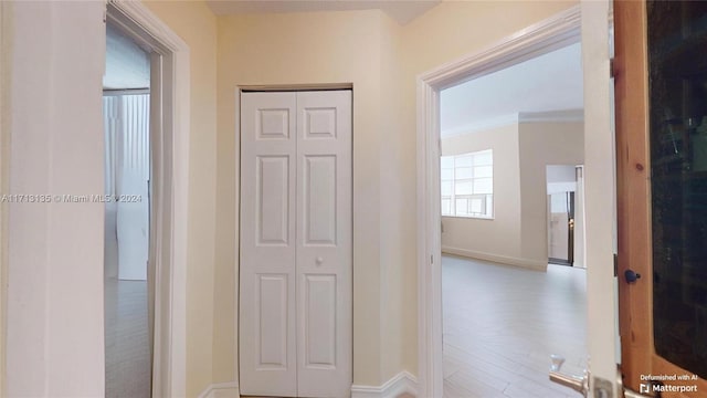 hallway with light hardwood / wood-style floors and ornamental molding