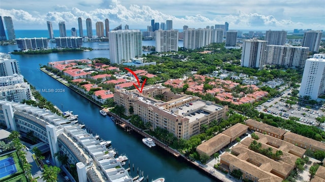 drone / aerial view with a water view