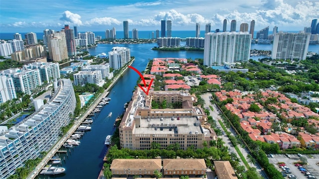 drone / aerial view featuring a water view