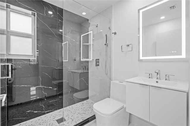 bathroom with vanity, an enclosed shower, and toilet