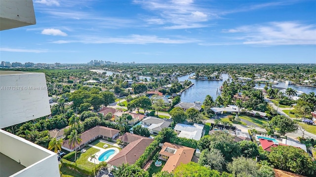 bird's eye view with a water view