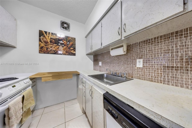 kitchen featuring backsplash, white electric stove, sink, a textured ceiling, and light tile patterned flooring