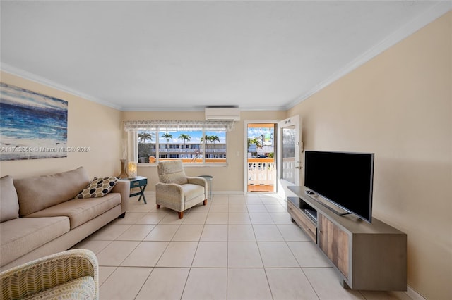 living room with ornamental molding, light tile patterned floors, and a wall mounted AC