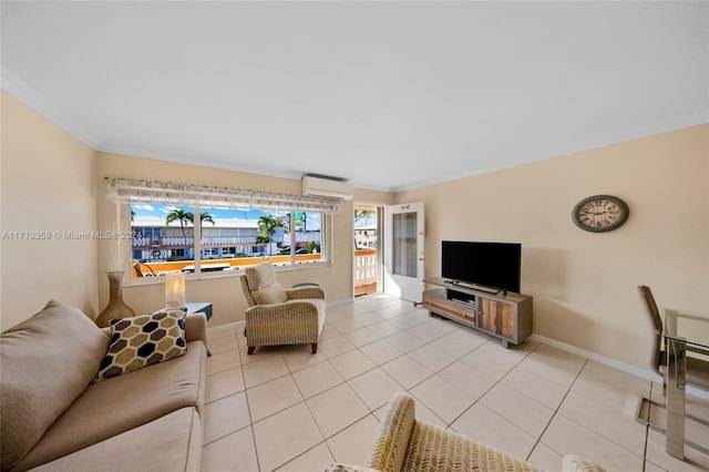 living room featuring light tile patterned flooring, an AC wall unit, and crown molding