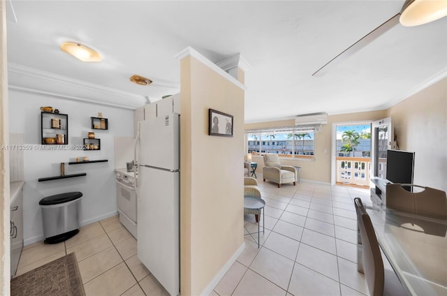 interior space featuring light tile patterned floors, a wall mounted AC, and crown molding