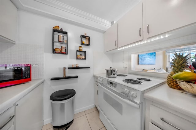 kitchen featuring decorative backsplash, crown molding, white cabinets, white range with electric cooktop, and light tile patterned flooring