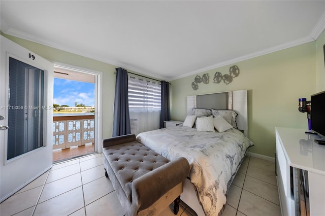 tiled bedroom featuring ornamental molding