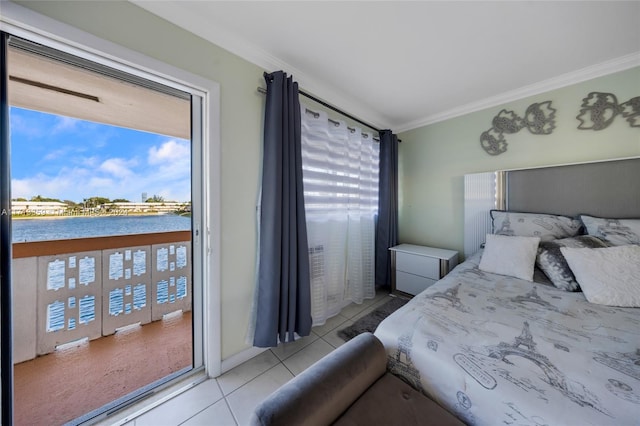 tiled bedroom featuring a water view, ornamental molding, and access to outside