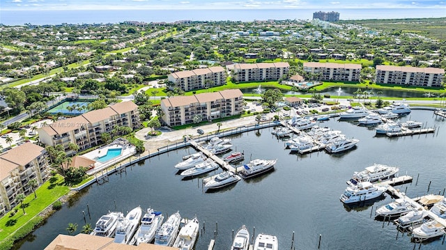 bird's eye view with a water view