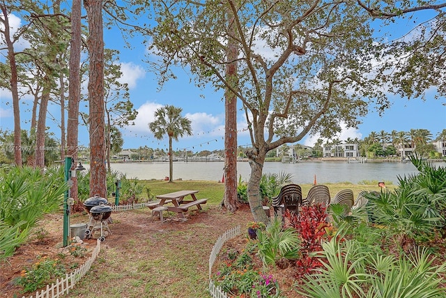 view of yard with a water view