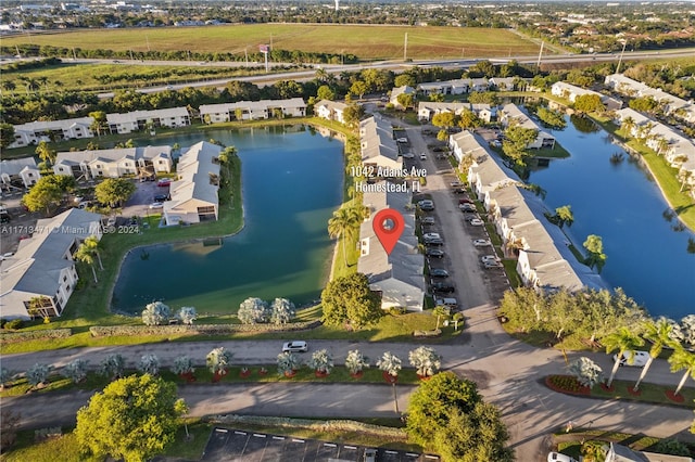 aerial view featuring a water view