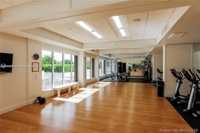 workout area featuring hardwood / wood-style flooring