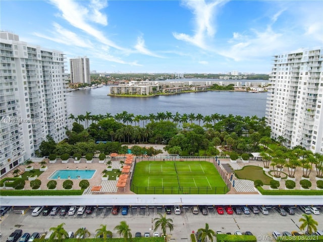 aerial view featuring a water view