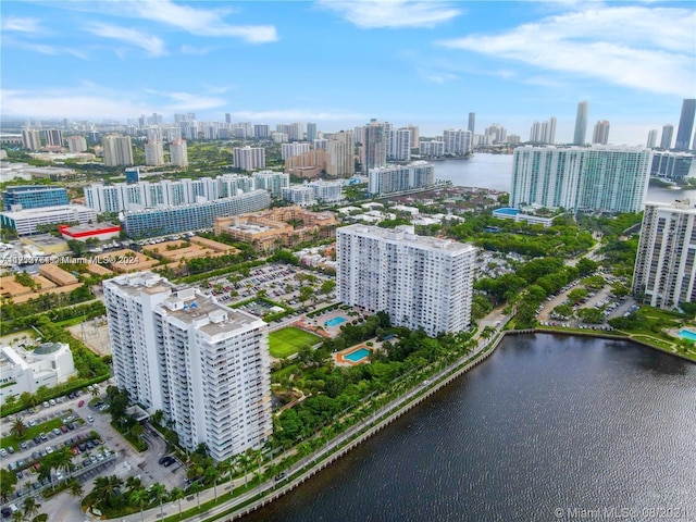 aerial view featuring a water view