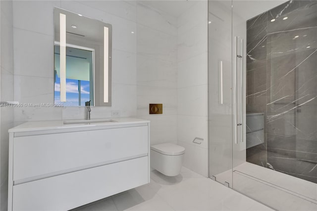 bathroom featuring tile patterned flooring, vanity, toilet, and walk in shower