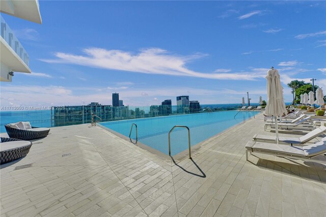 view of pool with a water view