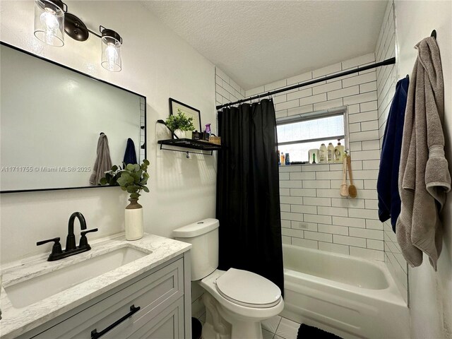 full bathroom featuring vanity, shower / bath combination with curtain, a textured ceiling, and toilet