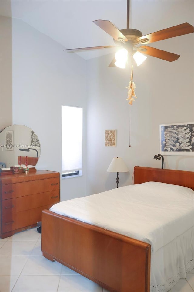 bedroom featuring ceiling fan and light tile patterned floors