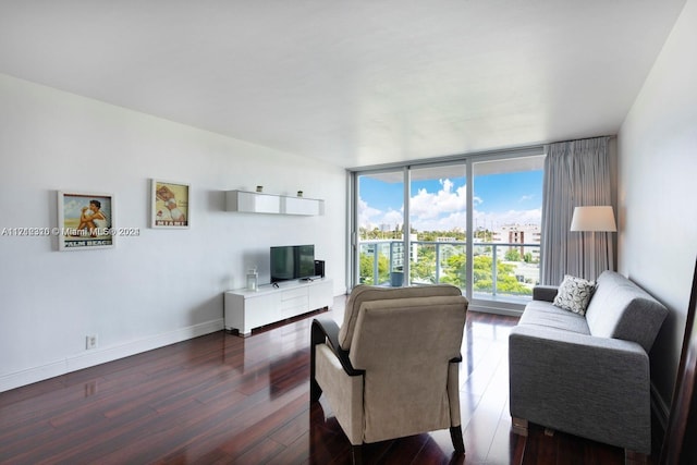 living room with dark hardwood / wood-style floors and expansive windows