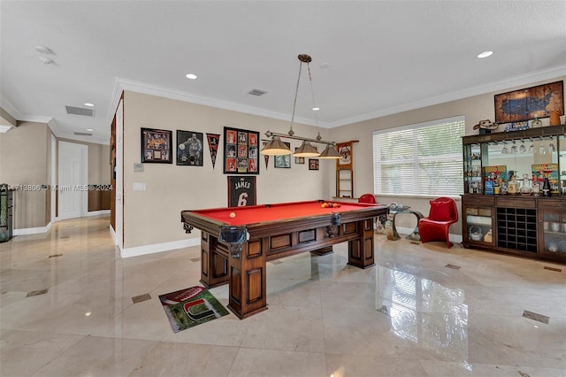 recreation room with ornamental molding and pool table