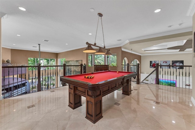 game room with crown molding and pool table