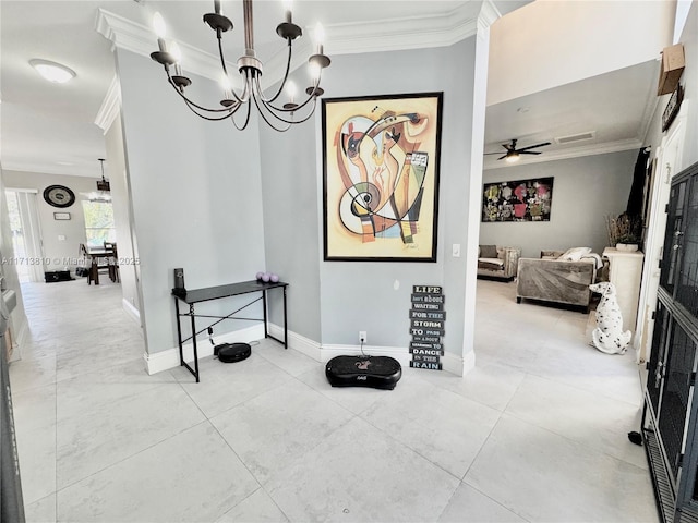 living room featuring ornamental molding, ceiling fan, and light tile patterned floors