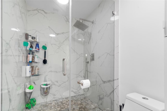 bathroom featuring a shower with shower door and toilet