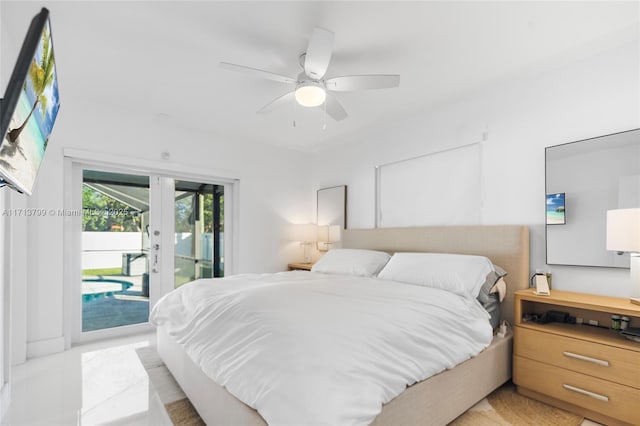 bedroom featuring access to exterior, ceiling fan, and french doors