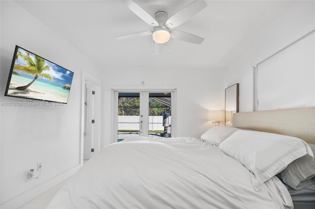 bedroom featuring access to exterior, ceiling fan, and french doors