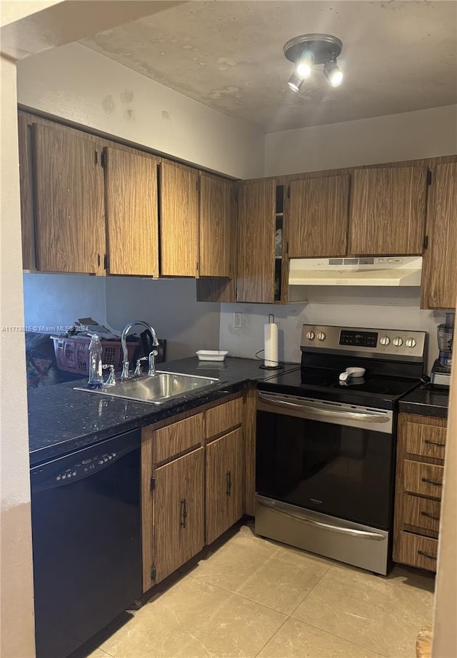 kitchen with dishwasher, light tile patterned floors, sink, and stainless steel electric range