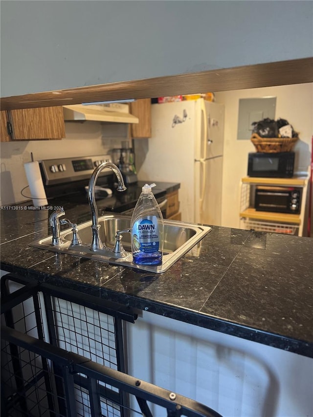 kitchen featuring white fridge, electric stove, sink, and exhaust hood