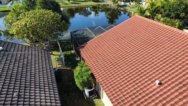 aerial view featuring a water view