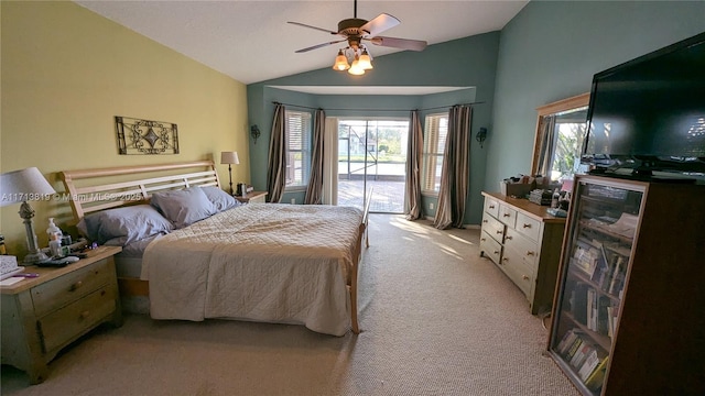 760 SW 190th Ave, Pembroke Pines, FL 33029 - bedroom with light colored carpet, ceiling fan, lofted ceiling, and access to exterior