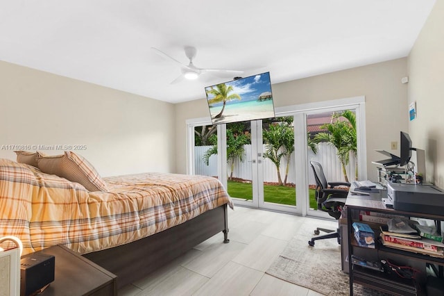 bedroom featuring access to exterior, french doors, and ceiling fan