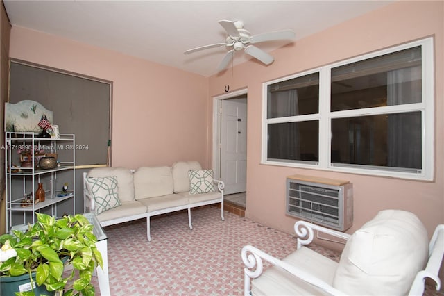 view of patio / terrace featuring an outdoor hangout area, heating unit, and ceiling fan