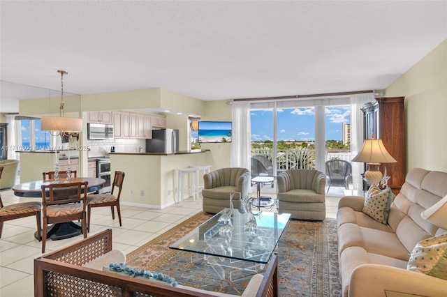 living room featuring light tile patterned floors