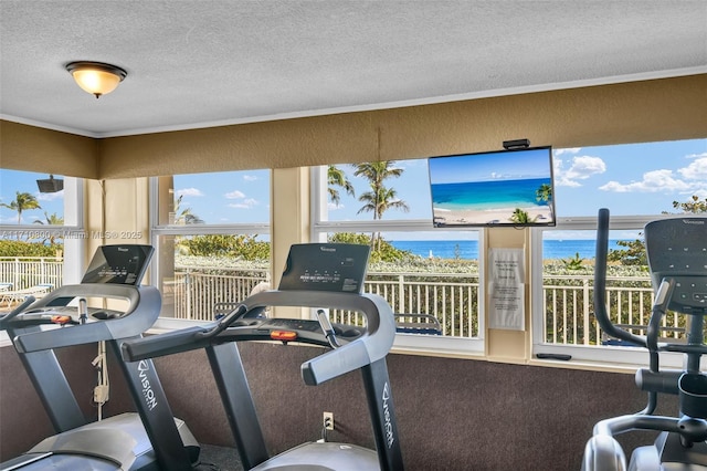 workout area with carpet and a textured ceiling