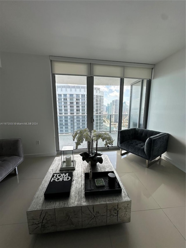 living room with tile patterned flooring and expansive windows