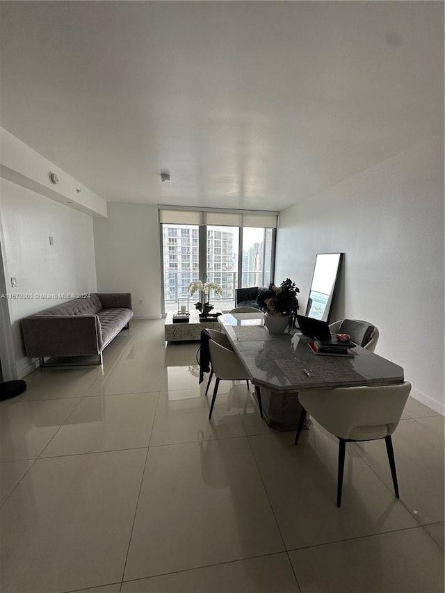 tiled dining area featuring a wall of windows