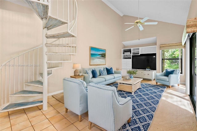 tiled living room with lofted ceiling and ceiling fan